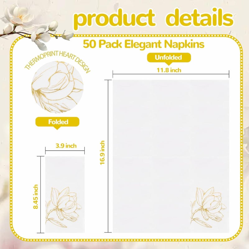 Joyido 50 Pack Gold Magnolia Napkins - Gold Floral Disposable Napkins - Cloth-Like Feel Dinner Paper - Vintage Heavy Duty Hand Towels for Bathroom Wedding Holiday Party Bridal Decorative Towels - Image 2